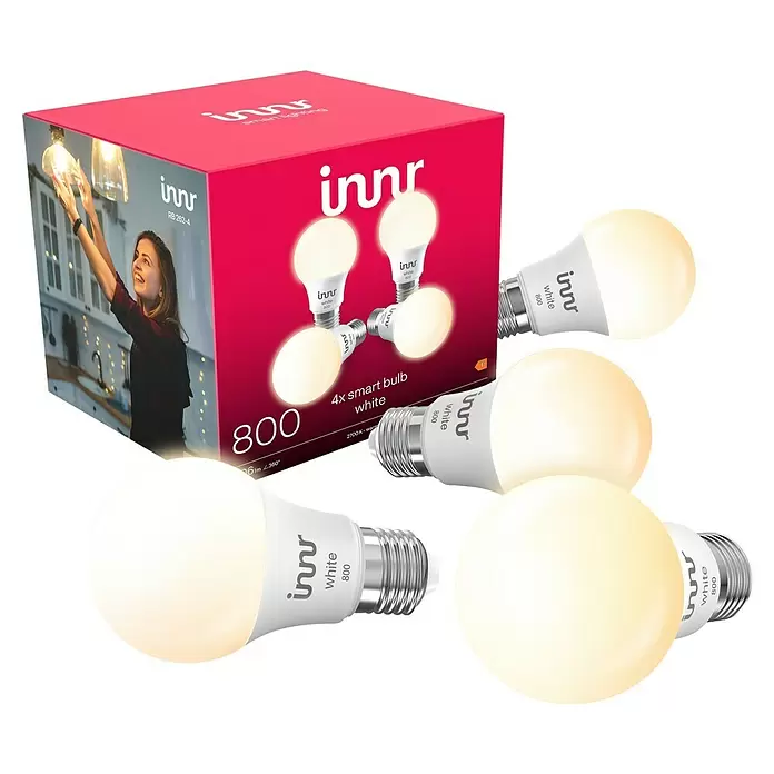 Innr Lighting Smart-LED-Lampe Bulb White - E27, Dimmbar, Kaltweiß, 806 lm, 10,4 W, 4 Stk. - Rosa innr 4er-Pack Smart-Glühbirnenverpackung mit mehreren weißen 800 Lumen, 2700K warmweißen LED-Lampen.