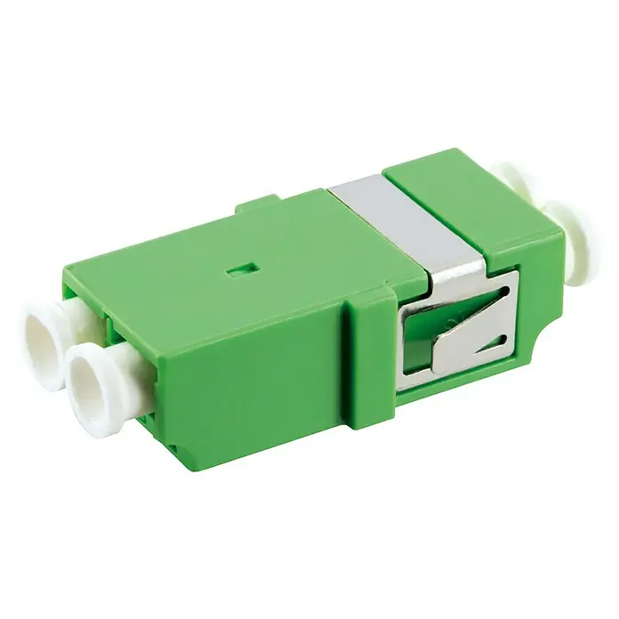 Schwaiger Adapter LC-Duplex-Adapter ohne Fahne - 1 Stk. - Grüner SC-Duplex-Adapter mit Metallclip und weißen Hülsen. Er ermöglicht eine sichere Verbindung zweier Glasfaserkabel.