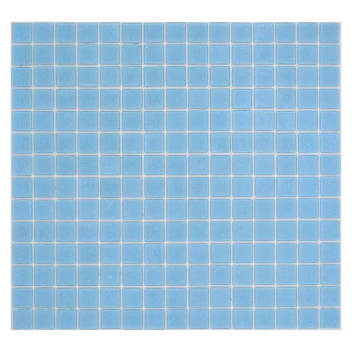 Mosaikfliese Quadrat Uni GM A 35P - L x B: 32,7 x 30,5 cm, Grün, Glänzend - Nahaufnahme von hellblauen Mosaikfliesen, die ein quadratisches Muster bilden und sich ideal für Bad- oder Küchenrückwände eignen.