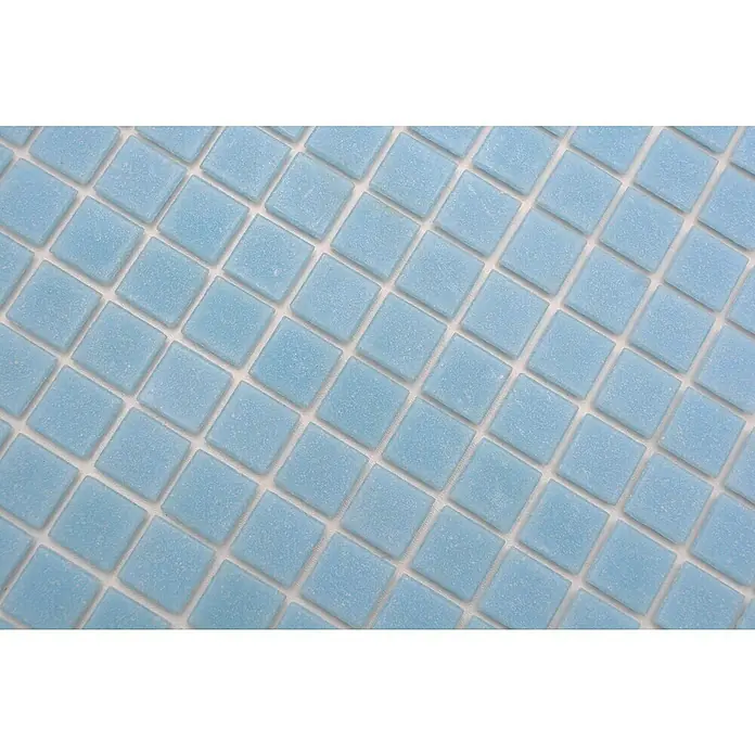 Mosaikfliese Quadrat Uni GM A 35P - L x B: 32,7 x 30,5 cm, Grün, Glänzend - Nahaufnahme von hellblauen Mosaikfliesen, die ein gleichmäßiges Muster mit weißen Fugen bilden und eine beruhigende Ästhetik erzeugen.