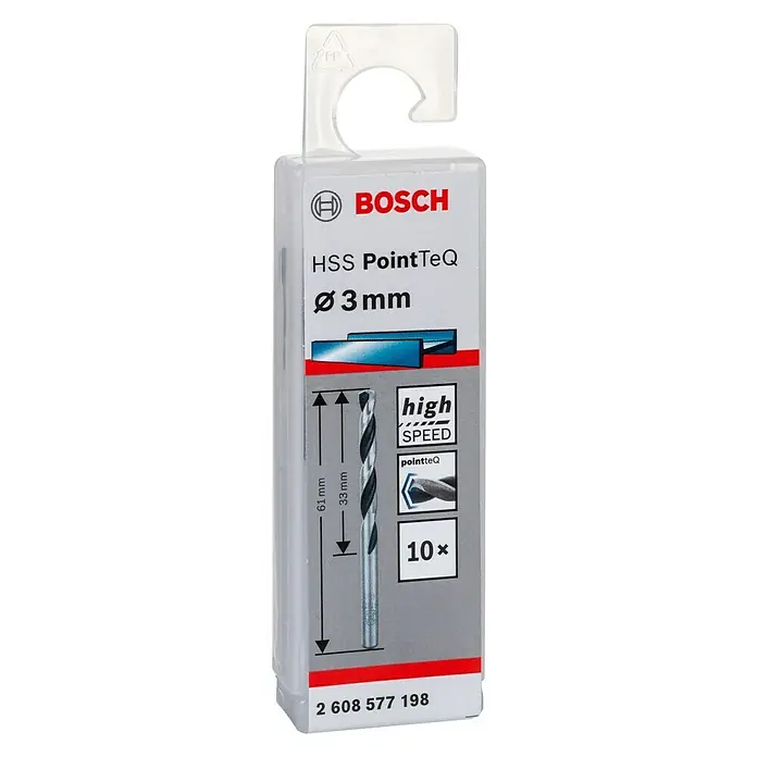 Bosch Metallbohrer PointTeQ - 10 Stk., Durchmesser Bohrer: 3 mm - Verpackung eines 3mm Bosch HSS PointTeQ Bohrers, ideal für Hochgeschwindigkeitsbohrungen und präzise Ergebnisse in verschiedenen Materialien.