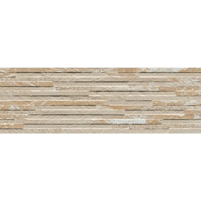 Revestimiento de pared Maule - 17 x 52 cm, Beige, Mate - Primer plano de una pared con paneles 3D beige. Ideal para añadir textura y estilo a diseños de interiores modernos.