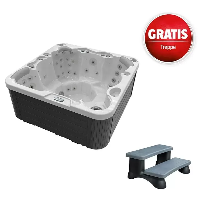 Camargue Außen-Whirlpool Havana 2 + Gratis Treppe - 200 x 200 x 91 cm, Grau/Weiß, Max. Personenzahl: 6 - Weißer Whirlpool mit dunklem Grau und kostenloser zweistufiger Treppe in Grau.