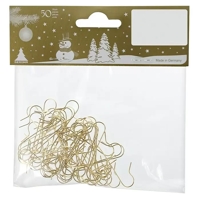 Drahtaufhänger - 12 x 12,5 cm, Metall, 50 Stk., Gold - 50 goldfarbene Metallhaken für Christbaumschmuck in Klarsichtverpackung mit festlicher Kopfkarte.