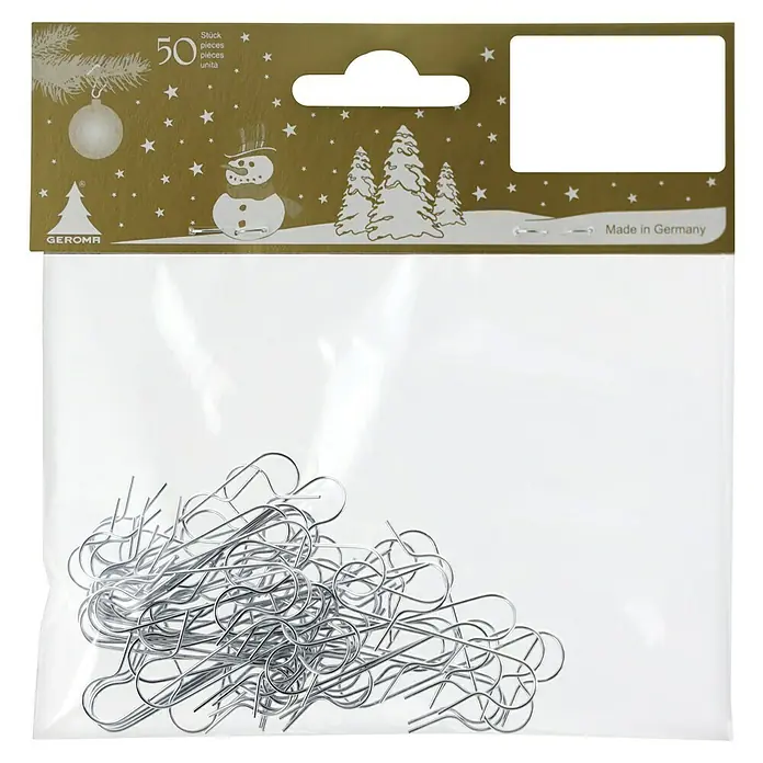 Drahtaufhänger - 12 x 12,5 cm, Metall, 50 Stk., Silber - Verpackung mit 50 Stück Geroma Christbaumkugelhaken aus Metall, ideal zum Aufhängen von Weihnachtsdekorationen am Baum.