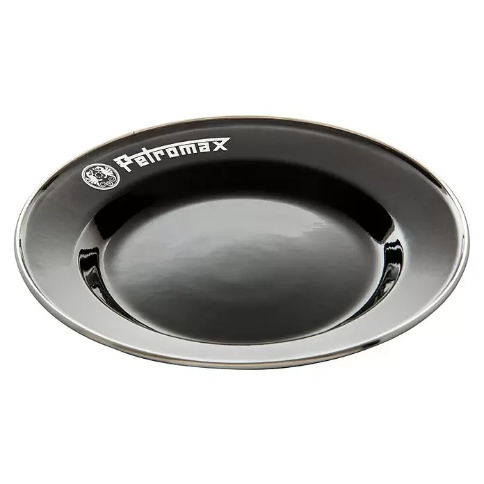 Petromax Teller rund - Ø x H: 22,5 x 2,5 cm, Schwarz, Stahl, 2 Stk. - Schwarzer Emaille-Teller mit silbernem Rand und weißem Petromax Logo.