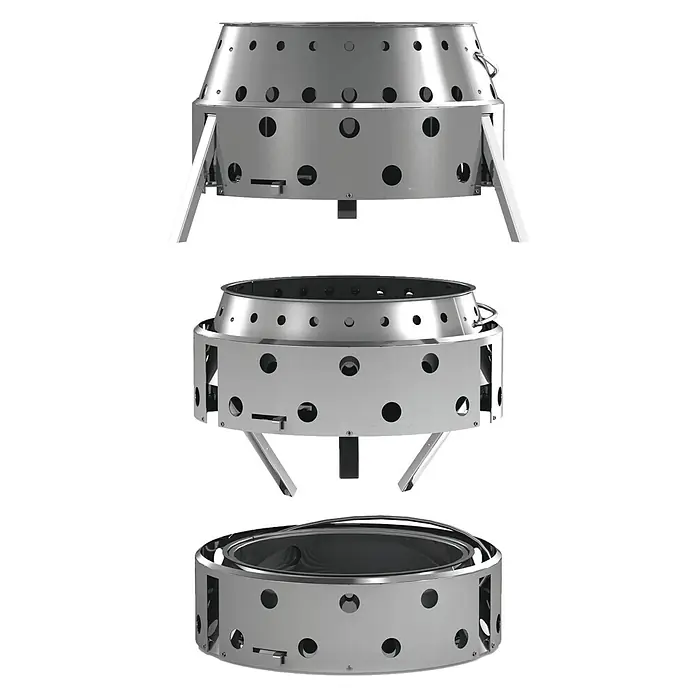 Petromax Holzkohlegrill Atago - Grillfläche (B x T): 45,1 x 44,5 cm, Durchmesser Grillfläche: 34 cm, Silber - Produktansicht des Titan-Feuerstellen-Sets mit präzisen Details und klaren Linien, das die robuste Bauweise und Vielseitigkeit hervorhebt.