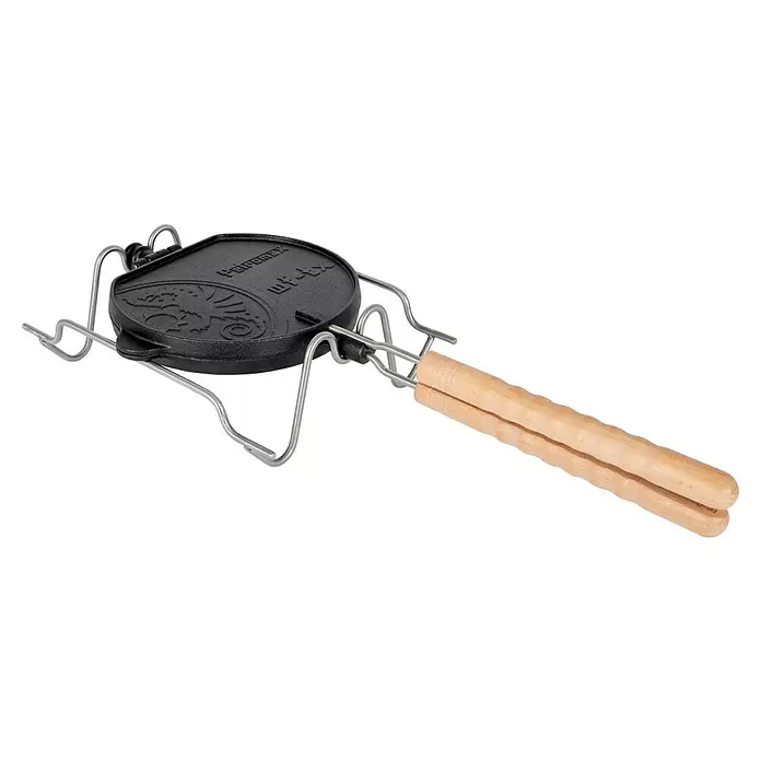 Petromax Waffeleisen zum Wenden - L x B: 54 x 22 cm, Gusseisen - Schwarzes Gusseisen Sandwicheisen mit Holzgriffen und Metallrahmen für Outdoor-Kochen.