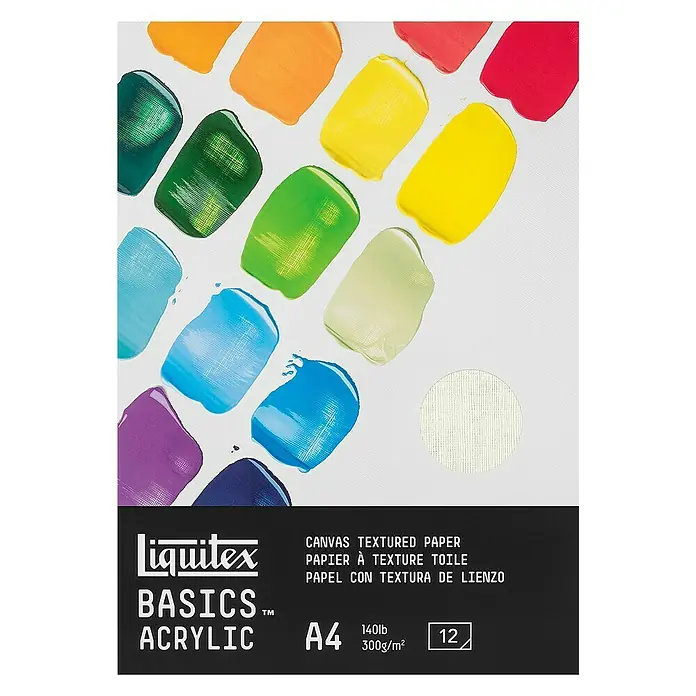 Liquitex Basics Acrylblock - 300 g/m², DIN A4, Anzahl Blätter: 12 Stk. - Die Packung Liquitex Basics Acrylic Leinwandstrukturpapier A4 mit 12 Blatt, ideal für Acrylmalerei und andere Maltechniken.