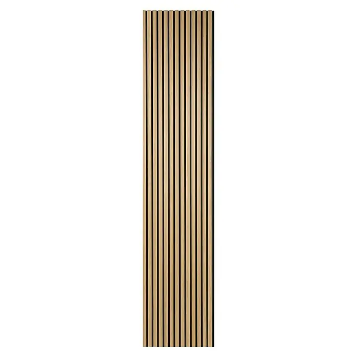 FibroTech Akustikpaneel Quanti - Light Oak, 2.440 x 520 x 18 mm - Elegantes Wandpaneel mit Holzlamellen und schwarzem Hintergrund für moderne Raumgestaltung. Stilvolles Akustikpaneel zur Verbesserung der Raumakustik.