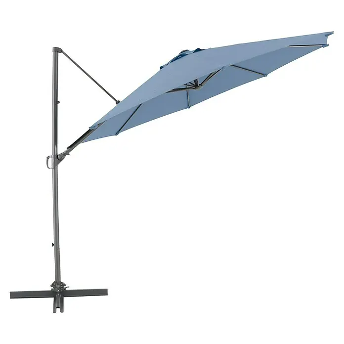 Sunfun Ampelschirm rund Florenz - Blau, Durchmesser Bespannung: 300 cm - Ein blauer Sonnenschirm mit einem robusten Metallständer, ideal für den Garten oder die Terrasse, spendet stilvollen Schatten.