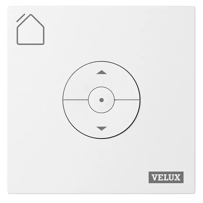 Velux Funk-Wandschalter Hitzeschutz KLI 313 - Passend für: Außen liegende VELUX Solar-/Elektro-Rollläden und -Markisen (io-homecontrol®) - Weiße VELUX Fernbedienung mit zentralem Navigationskreuz und Home-Symbol.