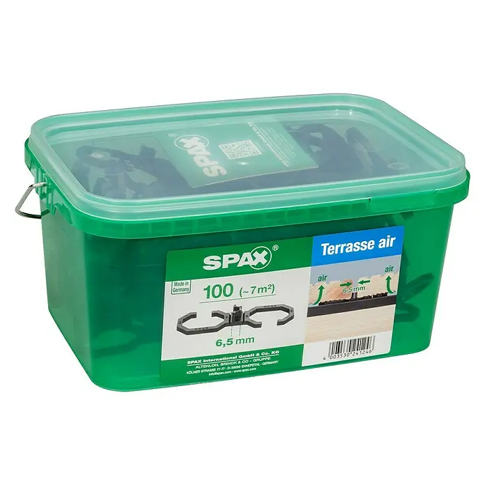 Spax Abstandhalter Air - 100 Stk., Stärke: 6,5 mm - Ein grüner Behälter mit Spax-Terrassenschrauben, ideal für den Bau von Terrassen.