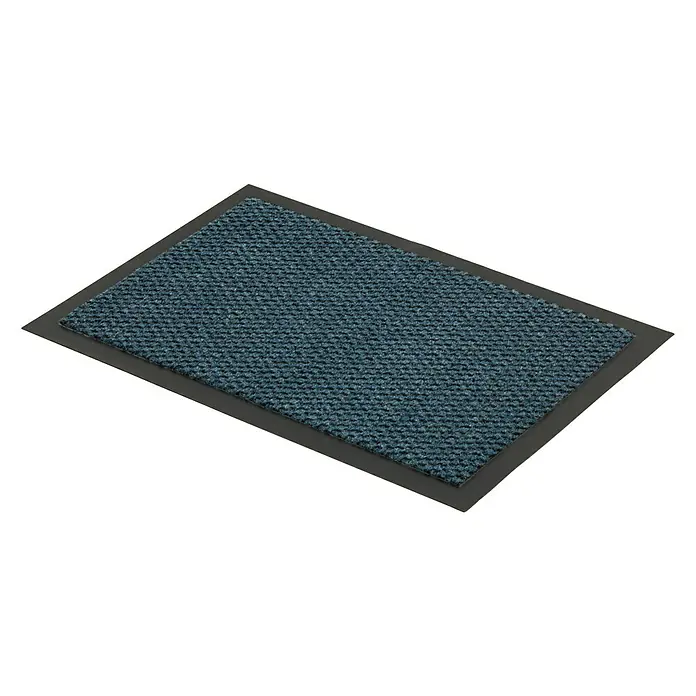 Astra Schmutzfangmatte Achat - Blau, 120 x 80 cm, Material Nutzschicht: 100 % Polypropylen - Eine Fußmatte mit blauem Teppich und einem schwarzen Rand. Sie liegt auf einem schwarzen Hintergrund.