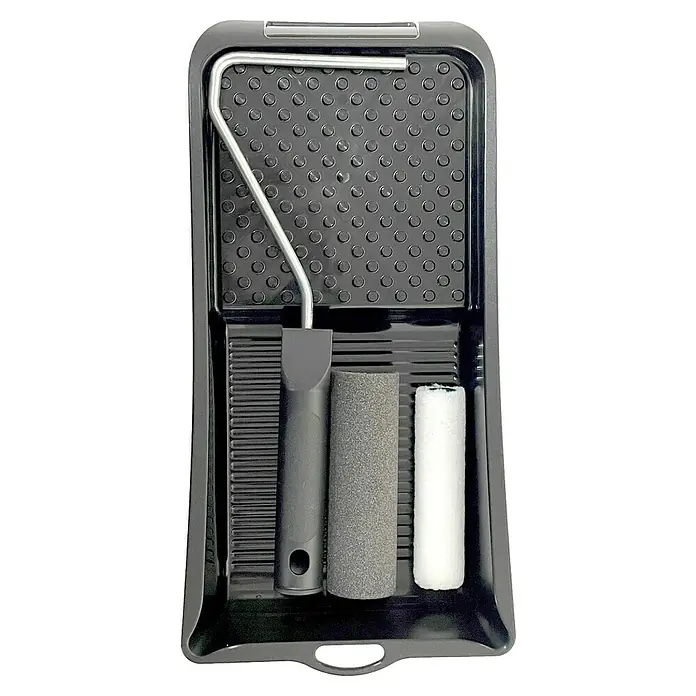 Kit para esmaltar al agua - 4 pzs. - Juego de rodillos de pintura en una bandeja negra con asa, que incluye un marco, un rodillo de espuma y un manguito de rodillo de pintura.