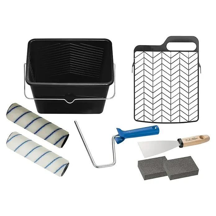 Kit para pintar con rodillo para piscinas - 8 pzs. - Cubo de pintura, rodillos, armazón y raspador: un conjunto completo para pintar y decorar proyectos DIY.