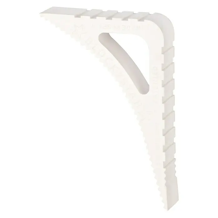 Tür- & Fensterstopper Blockystar - L x H: 78 x 20 mm, Weiß - Nahaufnahme der Blockystar Stütze, ein weißes, winkelförmiges Hilfsmittel mit geriffelten Kanten und einer dreieckigen Öffnung.