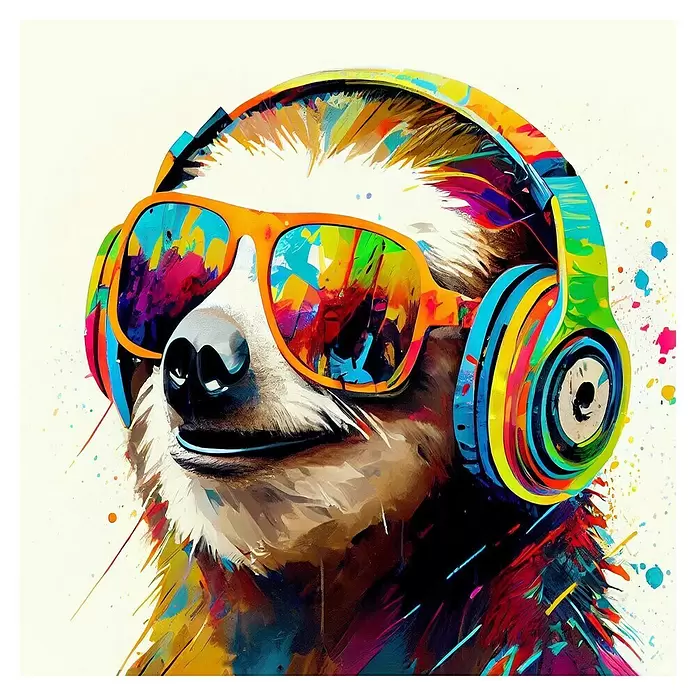 ProArt Young Living Leinwandbild - Animals with Headphonse - Faultier, B x H: 30 x 30 cm - Buntes abstraktes Kunstwerk eines Faultiers mit leuchtenden Kopfhörern und orangefarbener Sonnenbrille.
