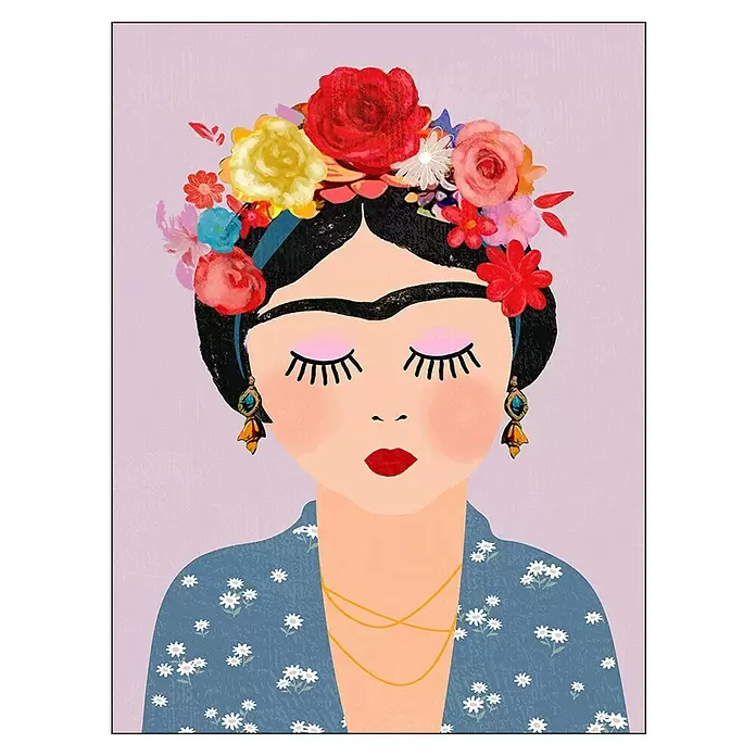 ProArt Young Living Leinwandbild - Frida Kahlo, B x H: 60 x 80 cm - Farbenfrohe Illustration einer Frau mit großer Blumenkrone, geschlossenen Augen, roten Lippen und blauem Blumen-Oberteil.