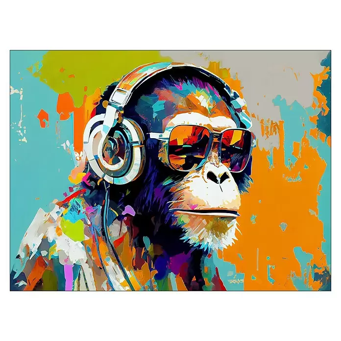 ProArt Young Living Leinwandbild - Animals with Headphones - Affe, B x H: 120 x 90 cm - Farbenfrohes, abstraktes Schimpansenbild mit Kopfhörern und Sonnenbrille.