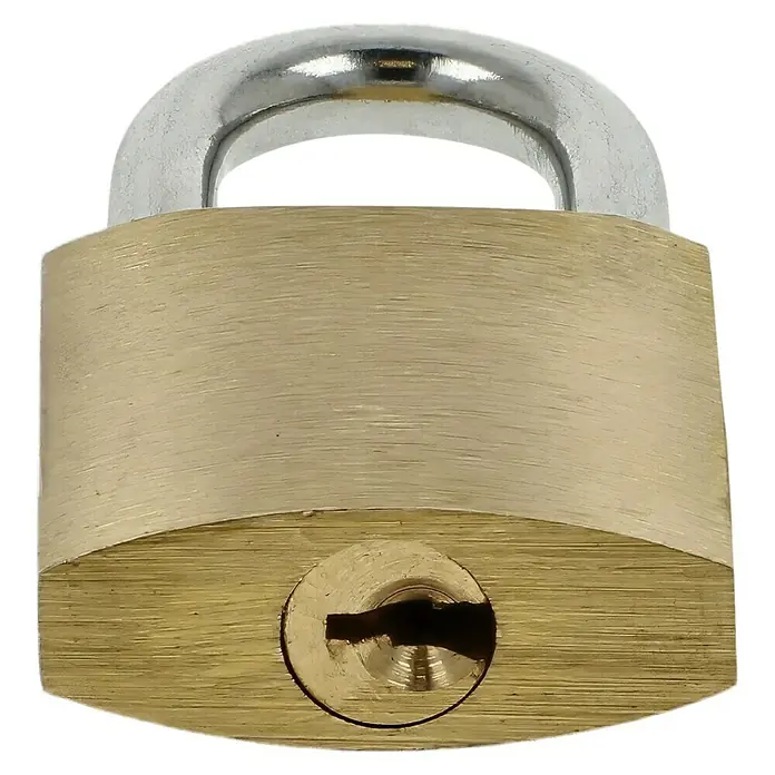 Stabilit Vorhängeschloss - Breite: 25 mm, Material Bügel: Stahl - Nahaufnahme eines Messingschlosses mit silberfarbenem Bügel vor schwarzem Hintergrund. Das Schloss ist robust und sicher.