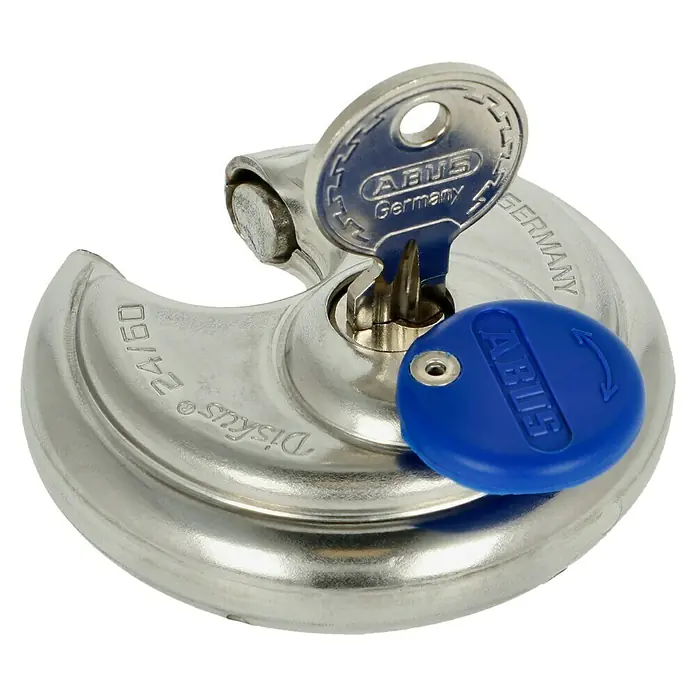 Abus Diskusschloss 24 IB / 60 - B x H: 60 x 60 mm, Bügelstärke: 8 mm, Edelstahl - ABUS Diskus® 24/60 Vorhängeschloss aus Edelstahl mit Schlüssel und blauer Abdeckung.