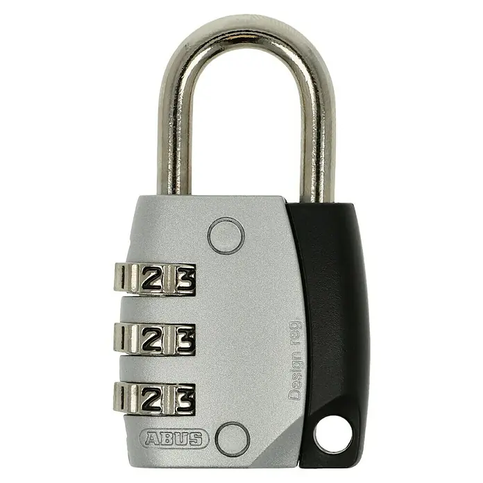 Abus Vorhängezahlenschloss 155/30Breite: 30 mm, Bügelstärke: 5 mm - Das Bild zeigt ein ABUS Zahlenschloss mit drei Zahlenrädern und einem silbernen Bügel vor schwarzem Hintergrund.