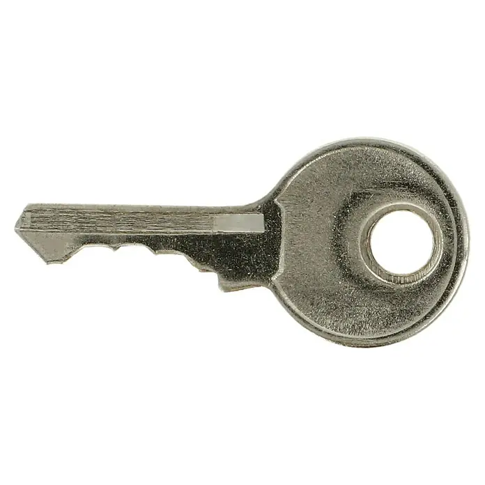 Stabilit Vorhängeschloss - Breite: 25 mm, Material Bügel: Stahl - Nahaufnahme eines silbernen Schlüssels mit rundem Griff und gezahntem Bart auf schwarzem Hintergrund.