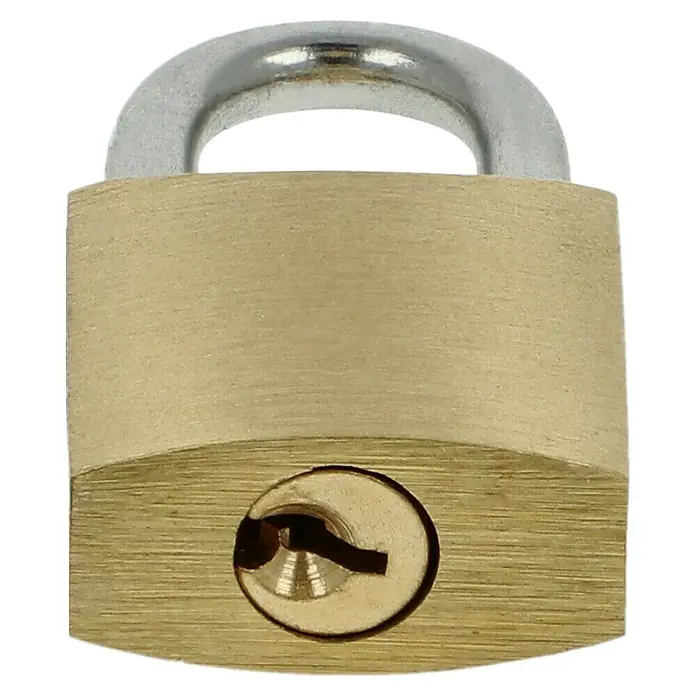 Stabilit Vorhängeschloss-Set - 2 Stk., Breite: 20 mm, Stahl - Nahaufnahme eines goldenen Vorhängeschlosses mit silbernem Bügel, das Sicherheit und Schutz für Wertsachen bietet.