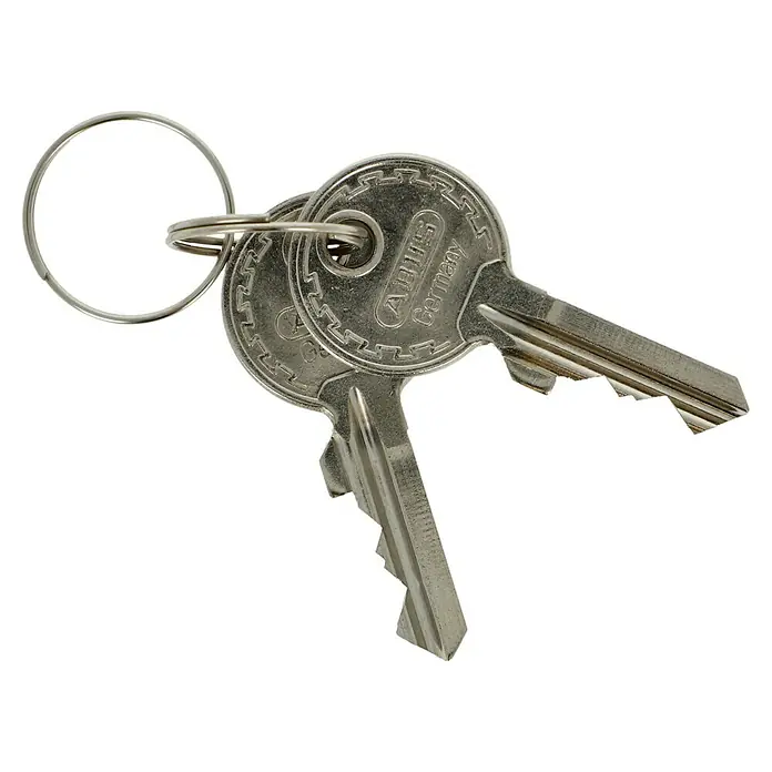 Abus Diskusschloss 24 IB / 60 - B x H: 60 x 60 mm, Bügelstärke: 8 mm, Edelstahl - Schlüsselbund mit zwei ABUS Schlüsseln und Schlüsselring vor schwarzem Hintergrund. Die Schlüssel sind silberfarben und aus Metall.