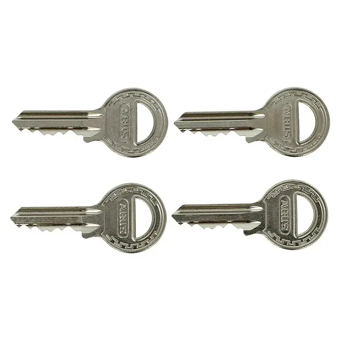 Abus Vorhängeschloss-Set 62/40 - Breite: 40 mm, Stahl, 3 Stk. - Vier ABUS-Schlüssel mit markanten Zacken und dem ABUS-Logo auf dem Griff, ideal für Sicherheitsschlösser.