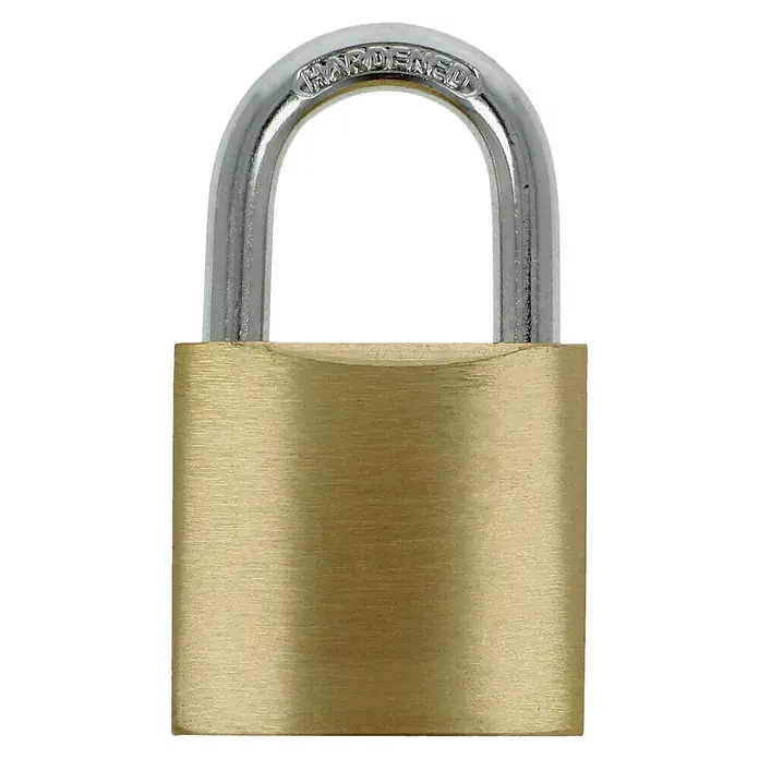Stabilit Vorhängeschloss-Set - 3 Stk., Breite: 30 mm, Stahl - Nahaufnahme eines goldenen Vorhängeschlosses mit gehärtetem, silbernem Bügel.