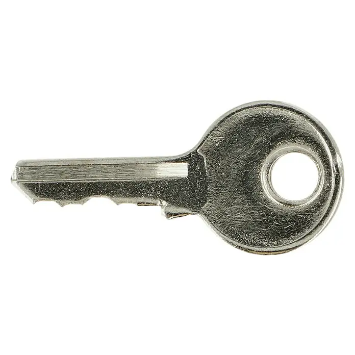 Stabilit Vorhängeschloss - Breite: 21 mm, Material Bügel: Stahl - Nahaufnahme eines silberfarbenen Schlüssels mit glatter Oberfläche und rundem Griffloch vor schwarzem Hintergrund.