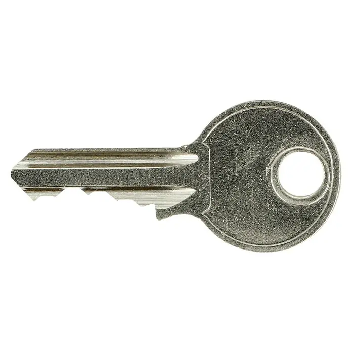Stabilit Candado - Ancho: 30 mm, Material estribo: Acero - Primer plano de una llave de casa plateada brillante con una punta típica y una cabeza redonda con un agujero.