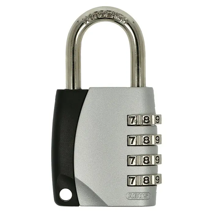 Abus Vorhängezahlenschloss 155/40 - Breite: 44 mm, Bügelstärke: 6,5 mm, Sicherheitsstufe: Grad 4, Silber - Das Bild zeigt ein ABUS Zahlenschloss mit vier Einstellrädern und einem gehärteten Bügel, ideal für die Sicherung von Wertsachen.