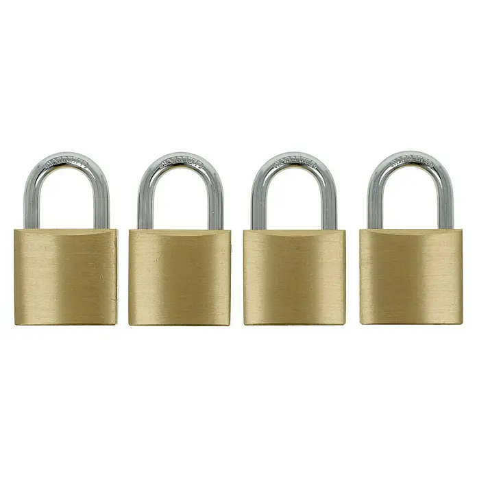 Stabilit Vorhängeschloss-Set - 4 Stk., Breite: 30 mm, Stahl - Vier Messingschlösser in einer Reihe vor einem schwarzen Hintergrund. Ideal für die Sicherheit Ihrer Wertgegenstände!