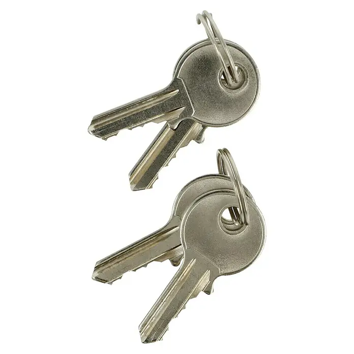 Stabilit Vorhängeschloss-Set - 2 Stk., Breite: 30 mm, Stahl - Nahaufnahme von zwei silbernen Schlüsseln mit Schlüsselringen auf schwarzem Hintergrund, ideal für Sicherheit und Zugang.