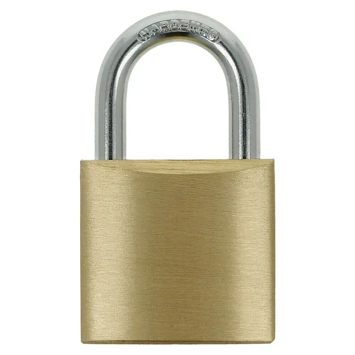 Stabilit VorhängeschlossBreite: 30 mm, Material Bügel: Stahl - Nahaufnahme eines robusten, goldenen Vorhängeschlosses mit einem silbernen, gehärteten Bügel, ideal für Sicherheit und Schutz.