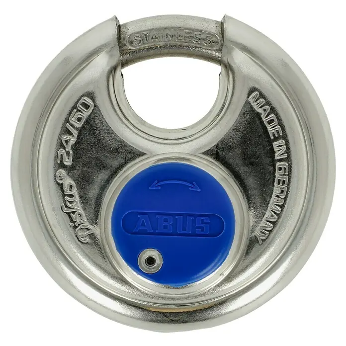 Abus Diskusschloss 24 IB / 60 - B x H: 60 x 60 mm, Bügelstärke: 8 mm, Edelstahl - Hier ist ein ABUS Diskus 24/60 Vorhängeschloss, ein robustes Sicherheitsprodukt "Made in Germany" mit Edelstahlbügel für zuverlässigen Schutz.