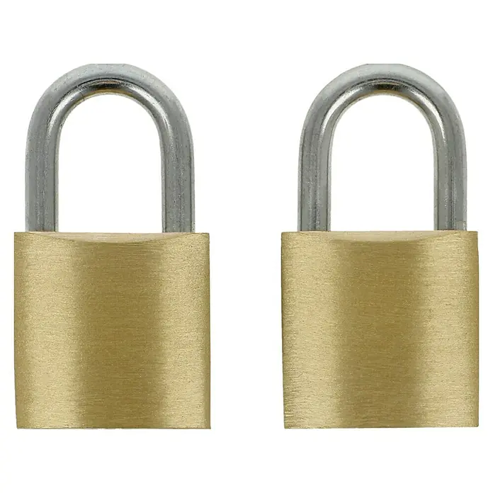 Stabilit Vorhängeschloss-Set - 2 Stk., Breite: 20 mm, Stahl - Zwei Messingvorhängeschlösser mit silbernen Bügeln, ideal zur Sicherung von Wertgegenständen und persönlichem Eigentum, auf schwarzem Hintergrund.