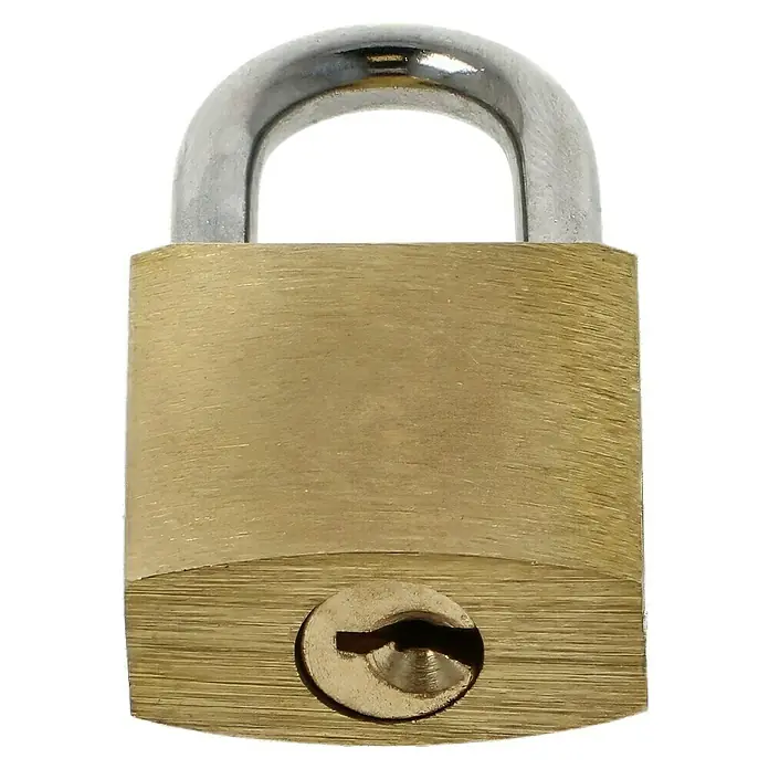 Stabilit Vorhängeschloss - Breite: 21 mm, Material Bügel: Stahl - Nahaufnahme eines silbernen und goldenen Vorhängeschlosses mit sichtbarem Schlüsselloch.