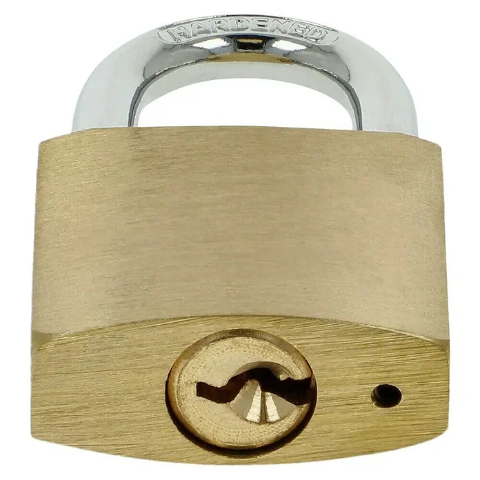 Stabilit Vorhängeschloss-Set3 Stk., Breite: 30 mm, Stahl - Nahaufnahme eines goldenen Vorhängeschlosses mit einem silbernen, gehärteten Bügel und einem Schlüsselloch.