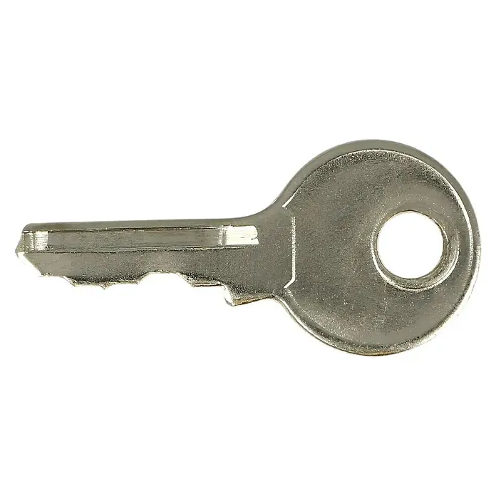 Stabilit Vorhängeschloss-Set - 2 Stk., Breite: 20 mm, Stahl - Nahaufnahme eines silbernen Türschlüssels mit rundem Kopf und gezacktem Schaft auf schwarzem Hintergrund.