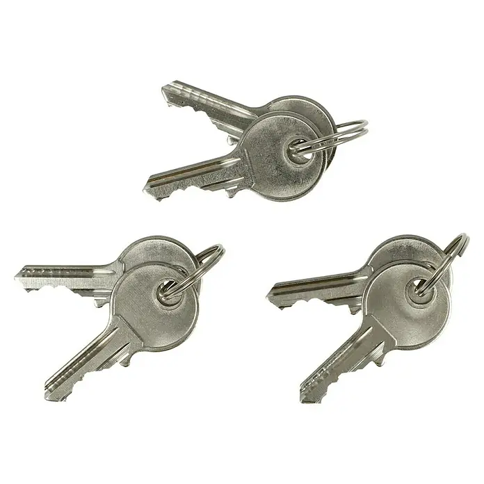 Stabilit Vorhängeschloss-Set - 3 Stk., Breite: 30 mm, Stahl - Drei Schlüsselbunde, bestehend aus je zwei silberfarbenen Schlüsseln, die an Schlüsselringen befestigt sind, vor einem schwarzen Hintergrund.