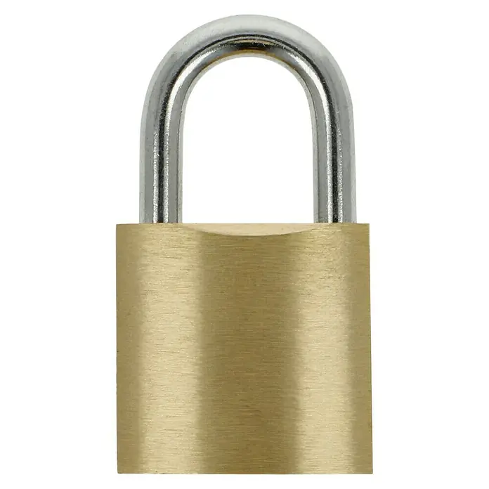 Stabilit Vorhängeschloss - Breite: 25 mm, Material Bügel: Stahl - Nahaufnahme eines Vorhängeschlosses aus Messing mit einem silbernen Bügel. Das Schloss ist geschlossen und bereit, Sicherheit zu bieten.