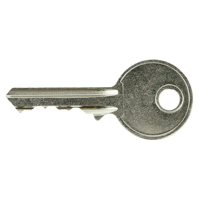 Stabilit Vorhängeschloss - Breite: 40 mm, Material Bügel: Stahl - Nahaufnahme eines silbernen Türschlüssels mit rundem Griff und gezacktem Schaft auf schwarzem Hintergrund.