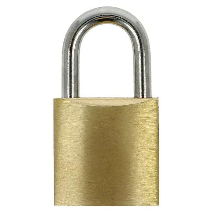 Stabilit Vorhängeschloss - Breite: 21 mm, Material Bügel: Stahl - Nahaufnahme eines goldenen Vorhängeschlosses mit silbernem Bügel. Das Schloss ist geschlossen und zeigt die Detailgenauigkeit.