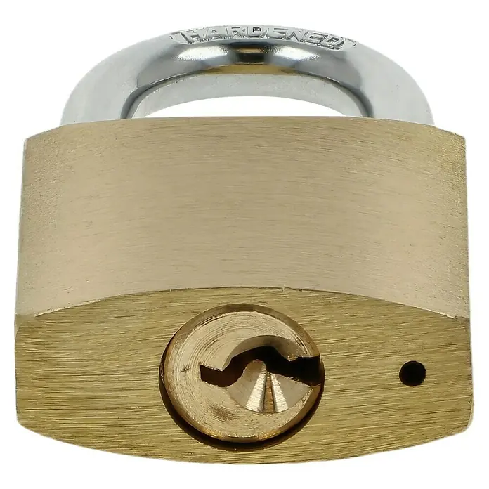 Stabilit Vorhängeschloss-Set - 2 Stk., Breite: 30 mm, Stahl - Nahaufnahme eines Vorhängeschlosses aus Messing mit silbernem Bügel und Schlüsselloch.