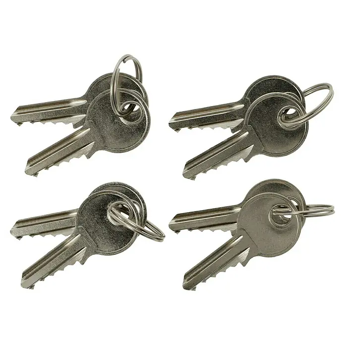 Stabilit Vorhängeschloss-Set - 4 Stk., Breite: 30 mm, Stahl - Bild von vier Schlüsseln aus Metall, die an Schlüsselringen befestigt sind. Die Schlüssel sind silbern und haben gezackte Kanten.
