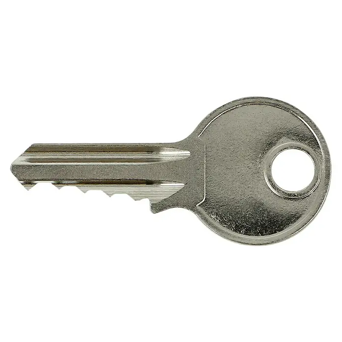 Stabilit Vorhängeschloss-Set - 4 Stk., Breite: 30 mm, Stahl - Nahaufnahme eines silbernen Schlüssels mit Zacken, der für Türschlösser und Sicherheitsmechanismen verwendet wird.